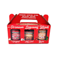 Red packaging of Truly Delicious  Foods STARTER KIT (8oz Original Blend | 8oz Hot Jamaican Jerk | 8oz Garlic Blend) seasoning blends on a marble background