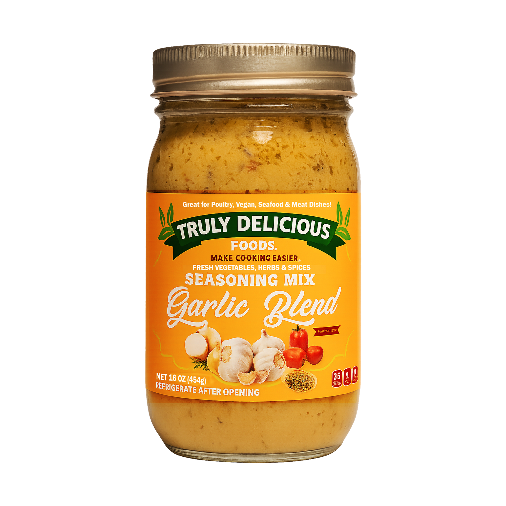 Jar of Truly Delicious Foods Garlic Blend seasoning mix on a white background