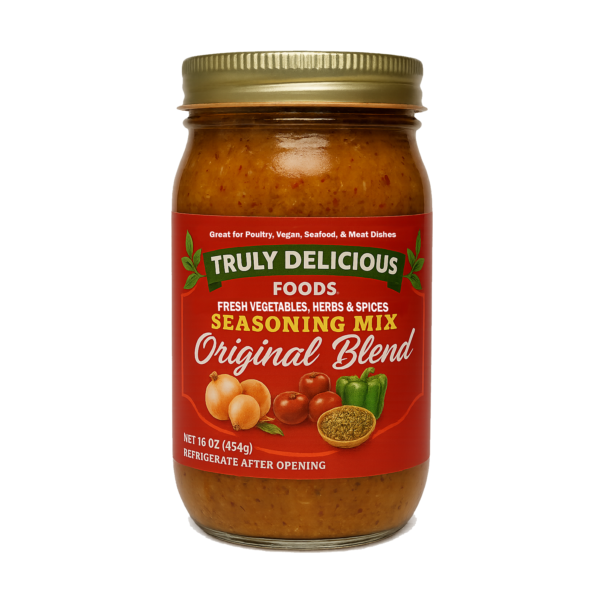 Jar of Truly Delicious Foods Original Blend seasoning mix on a white background