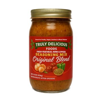 Jar of Truly Delicious Foods Original Blend seasoning mix on a white background