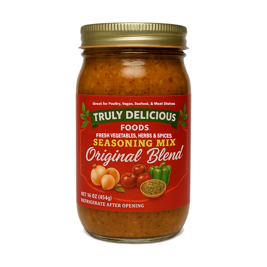 Jar of Truly Delicious Foods Original Blend seasoning mix on a white background